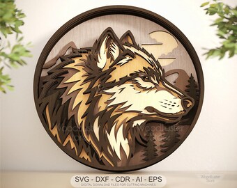 Layered Wolf Head Wall Art, Forest Wildlife Wood Design (svg, dxf, cdr, eps, ai)