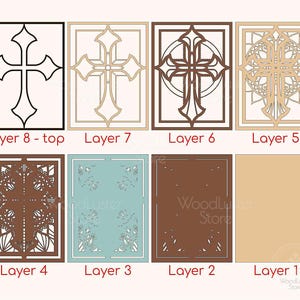Puede incluir: Ocho capas de madera cortadas con l&aacute;ser con dise&ntilde;os de cruces, que var&iacute;an del negro al beige claro. Las capas muestran detalles intrincados y el texto "Layer" y n&uacute;meros.