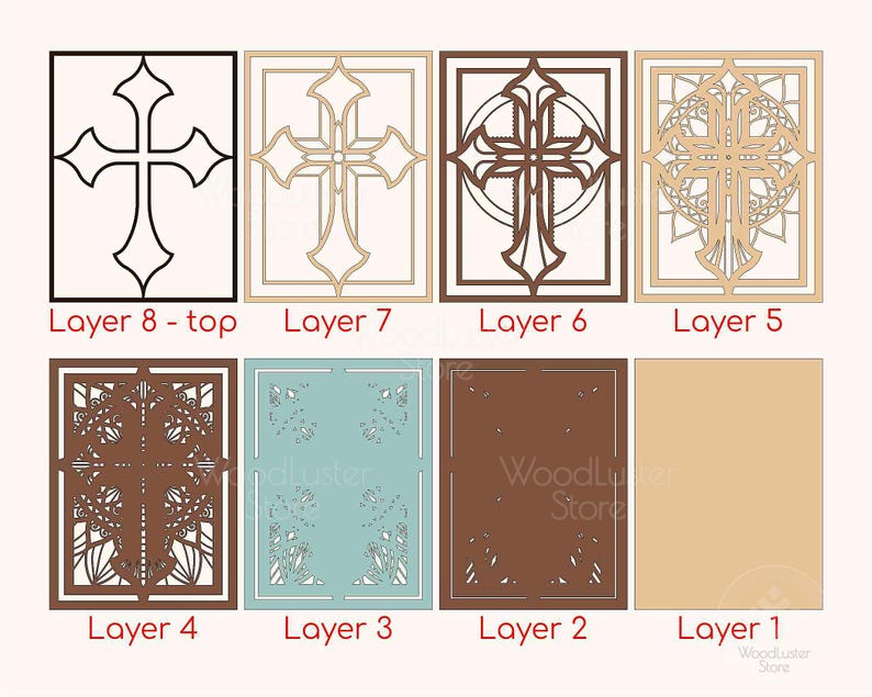 Puede incluir: Ocho capas de madera cortadas con l&aacute;ser con dise&ntilde;os de cruces, que var&iacute;an del negro al beige claro. Las capas muestran detalles intrincados y el texto "Layer" y n&uacute;meros.