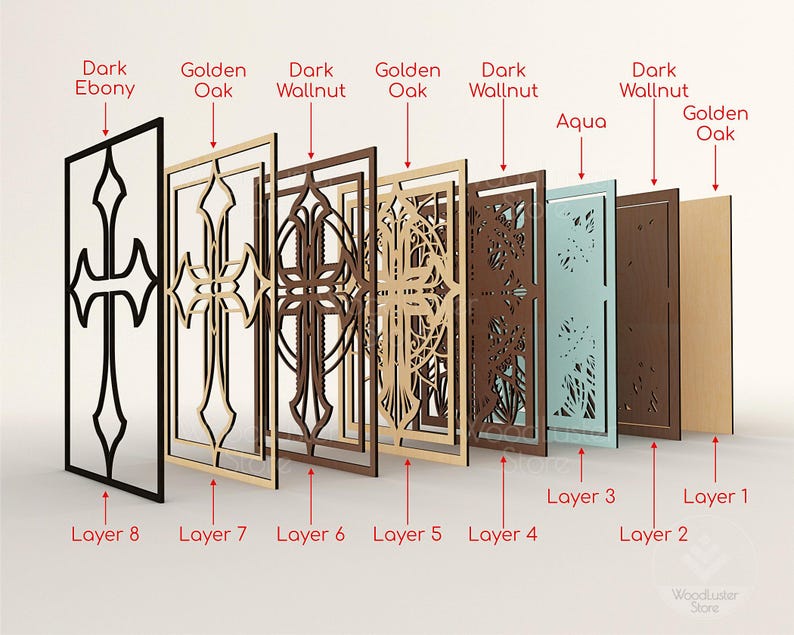 Puede incluir: Vista explosionada de paneles de arte mural de madera en capas en varios colores, incluyendo Dark Ebony, Golden Oak, Dark Wallnut y Aqua. Los paneles presentan intrincados dise&ntilde;os de cruces y florales. El texto etiqueta cada capa y color.