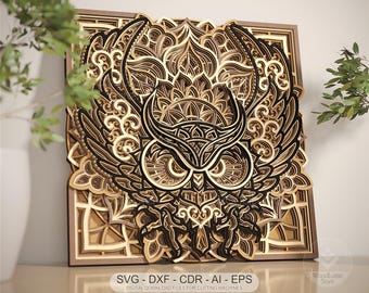 Owl Mandala Layered SVG: Laser Cut Wood Decor, Cricut, Glowforge (Digital Download
