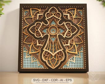 Mandala cruzado multicapa cortado con láser SVG: Arte religioso de pared de 8 capas (archivo digital de 20 x 20 cm)