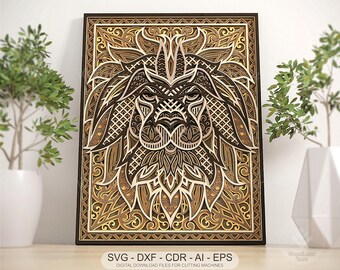 Multilayer Lion Head Mandala SVG File for Laser Cutting Animal Head Layered Geometric Template