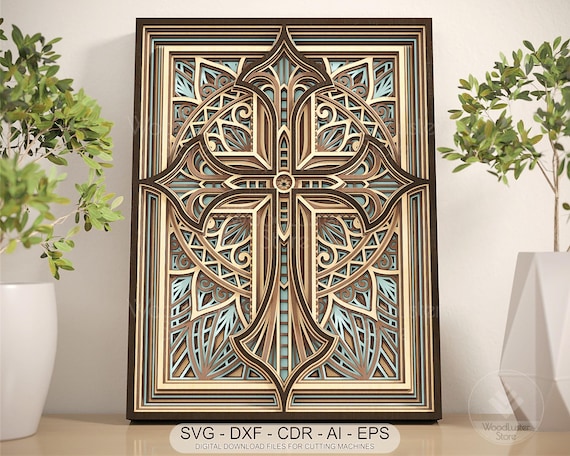 Laser cut Cross cutting files Multilayer Mandala Cross Religious Laser cut Layered Cross, Cross SVG for Cricut, 3d Layered Glowforge Cross