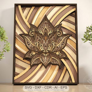 File SVG con mandala di loto a strati tagliato al laser, download digitale di mandala di fiori 3D, modello Glowforge geometrico in legno di loto multistrato.