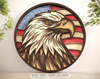 SVG de águila en capas con bandera estadounidense, archivo cortado con láser de águila multicapa, diseño de mandala patriótico 3D para Cricut, Glowforge y CNC.