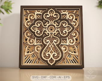 Laser Cut Cross Mandala SVG: 7-Layer Religious Wall Art (Digital File 8x8 inches)