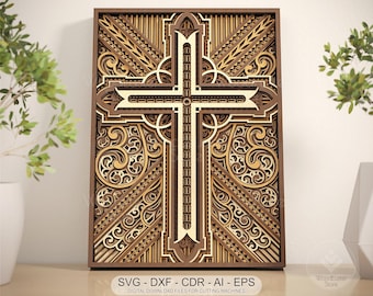 Cruz cristiana en capas SVG: Mandala cortado a láser (archivos digitales)