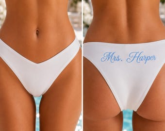 Custom Bride Bikini Bottom, Personalized Mrs Swimsuit, White Bridal Bikini, Honeymoon Bikini Bottom, Bach Trip Outfit, G21M