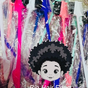 May include: A collection of multi-colored plastic edge brushes, each featuring a black bristle brush on one end and a fine-toothed comb on the other, individually wrapped in clear plastic. The image includes a cartoon graphic and the text Big Hair Edge Brushes.