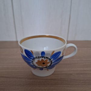 Vintage Ukrainian Cup with Blue Flower - Gold Trim