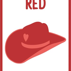May include: A red cowboy hat with a heart-shaped detail, set against a white background. The word "RED" is displayed above the hat in a playful font. The image is framed with a red border.