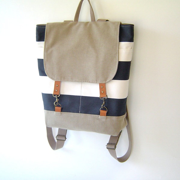 LAST ONE -Light Navy Stripe and Beige Backpack, Unique Design of BagyBag