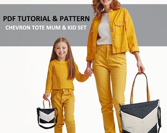 PDF PATTERN & TUTORIAL with YouTube Video, Chevron Tote. Mum and Kid Set. Advanced Beginner Level, By BagyBags