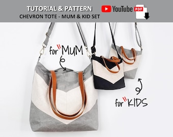 Chevron Totes - Mum and Kids Set. PDF PATTERN & TUTORIAL with YouTube Video. Advanced Beginner Level