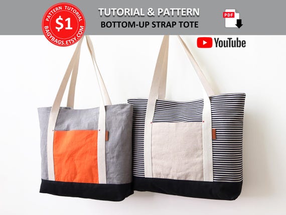 Special 1 Dollar, Bottom-Up Strap Tote. PDF PATTERN & TUTORIAL with YouTube Video, Beginner Level