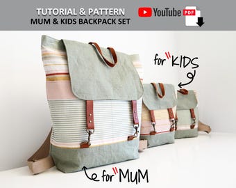Classic Backpack - Mum and Kids Set. PDF PATTERN & TUTORIAL with YouTube Video, Advanced Beginner Level