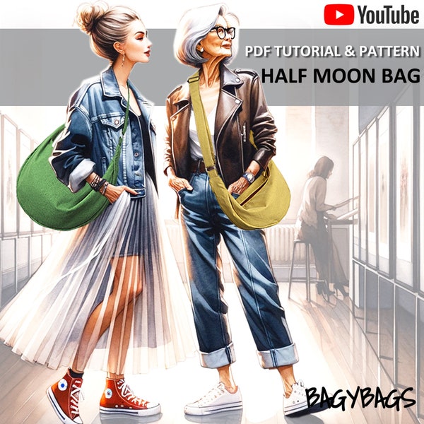 Half Moon Bag mit Muster in 2 Größen (Klein/Medium). PDF ANLEITUNG & MUSTER mit YouTube Video, fortgeschrittene Anfänger Ebene