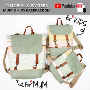 Puede incluir: Un conjunto de tres mochilas de tela a rayas, una grande y dos más pequeñas. La mochila más grande está etiquetada como "para 'MAMÁ'" y las dos mochilas más pequeñas están etiquetadas como "para 'NIÑOS'".