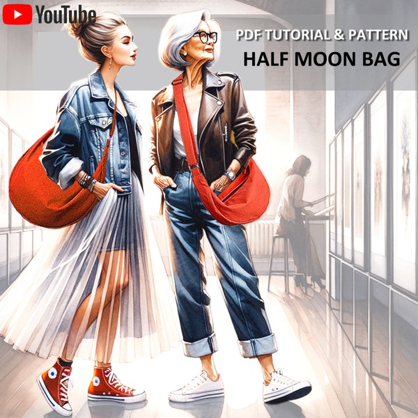 Half Moon Bag mit Muster in 2 Größen (Klein/Medium). PDF ANLEITUNG & MUSTER mit YouTube Video, fortgeschrittene Anfänger Ebene