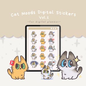 50+ Cute Cat Daily Emoji Planner Stickers Pack, Kawaii Cat Mood Icons, Daily Digital Stickers, Basic Emote Digital Stickers, Hand Drawn PNG
