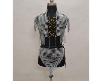Medieval Chainmail Crop Top Set, Metallic Skirt Two Piece, Festival Costume Top, LARP Armor