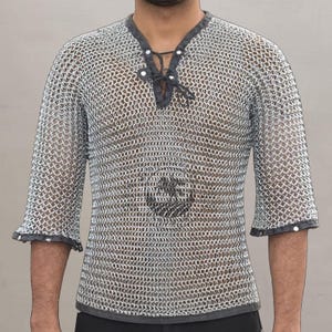 Aluminum Chainmail Hauberk: Butted Medieval Shirt with Leather Trim