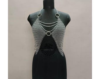 Top de malla metálica a la moda para cosplay de feria renacentista / Armadura de malla metálica de aluminio hecha a mano / Disfraz para festival medieval LARP