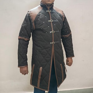 Medieval Padded Gambeson Thick Padded Cotton Fabric Long Gambeson Leather trim, Black Friday Sale