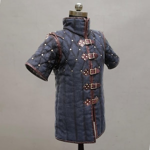 Medieval Padded Gambeson with Brown Leather Trim Renfaire Gambeson , Black Friday Sale