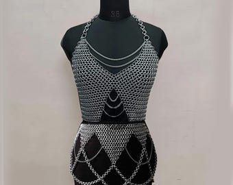 Conjunto de top y falda de malla de aluminio anodizado – Disfraz de armadura medieval – Ren Faire, LARP