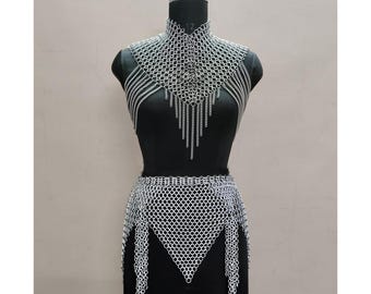 Mittelalterliches Kettenhemd-Crop-Top & Minirock-Set | Fantasy-Cosplay | Party- und Festivalkostüm