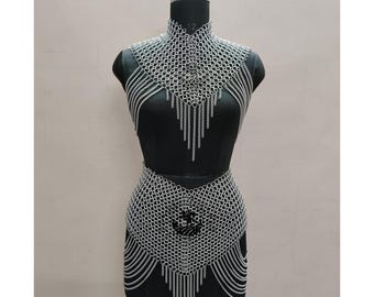 Chainmail Top and Skirt Set, Renaissance Faire Costume, Silver Aluminum Festival Outfit, Cosplay gift