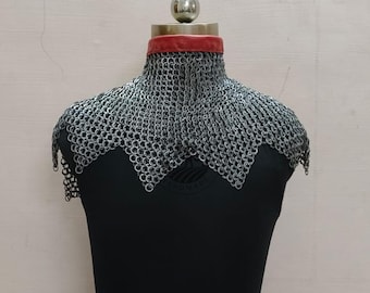 Stainless Steel Chainmail Collar 9mm – Riveted Flat Ring Medieval Gorget for LARP, Renaissance