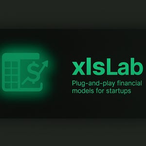 May include: A dark background with a glowing green calculator icon with a dollar sign and upward arrow. The text "xlsLab" is in green, with the tagline "Plug-and-play financial models for startups" below it.