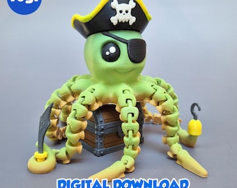 OCTOPUS PIRATE - Stl and 3MF gidital file for 3D printing, flexible, articulated, toy