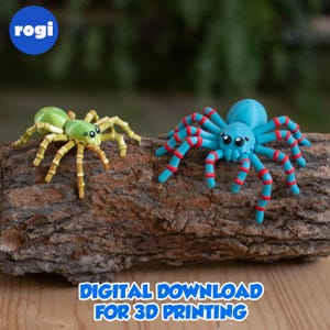 May include: Two colorful 3D-printed spiders rest on a piece of wood. One is green and yellow, the other is blue with red accents. The image includes the text "DIGITAL DOWNLOAD FOR 3D PRINTING" and the logo "rogi".