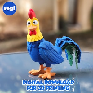 Könnte beinhalten: Eine 3D-gedruckte Hahnfigur in leuchtenden Farben. Der Hahn hat einen roten Kamm, einen gelben Kopf und Hals, einen blauen Körper und einen blau-grünen Schwanz. Der Text "DIGITALER DOWNLOAD FÜR 3D-DRUCK" ist unten abgebildet.