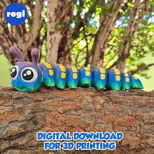 May include: A colorful, cartoon caterpillar toy with a blue, green, and yellow design. The caterpillar has large, expressive eyes and purple antennae. The text "DIGITAL DOWNLOAD FOR 3D PRINTING" is displayed on the bottom.