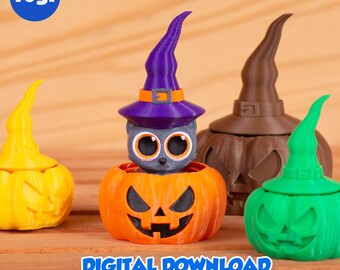 Cat in the Pumpkin - Stl and 3MF gidital file for 3D printing, flexible, articulated, toy