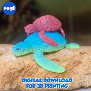 Könnte beinhalten: 3D-gedruckte Schildkrötenfigur mit blau-grünem Körper, rosa Panzer und einer kleineren rosa Schildkröte obenauf. Der Text "DIGITALER DOWNLOAD FÜR 3D-DRUCK" befindet sich unten. Das Logo "rogi" befindet sich oben links.