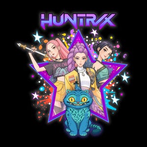 Peut inclure: Illustration graphique avec trois femmes de style anime devant une étoile violette. L'image comprend un chat bleu aux yeux jaunes et le mot "HUNTRAX" en violet. Le fond est noir avec des éclaboussures de peinture colorées et des étoiles.