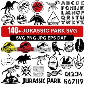 Könnte beinhalten: Eine Sammlung von schwarz-weißen Grafiken, Logos und Textelementen zum Thema Dinosaurier. Enthält verschiedene Dinosaurier-Silhouetten, die Worte "Jurassic Park" und den Text "140+ Jurassic Park SVG". Enthält auch Buchstaben und Zahlen.