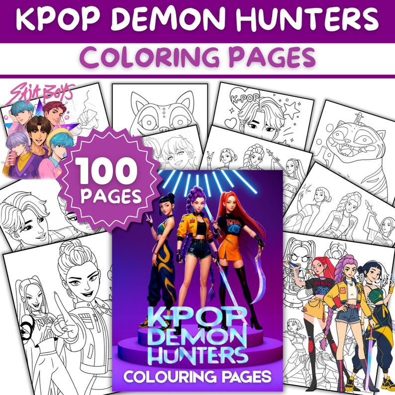 100 Kpop Demon Hunters målarbilder | Digital målarbok | Huntrix-fans | Kpop-fankonst | Saja Boys Girls | Barnens födelsedagsaktivitet bild 1