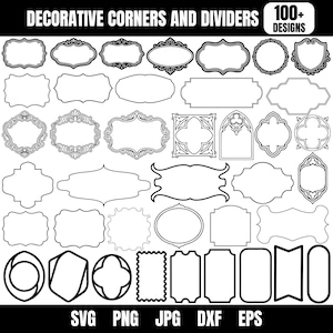 May include: A collection of over 100 decorative corners and dividers in black and white. The designs include various shapes such as frames, ovals, and geometric patterns. The image also includes file type options: SVG, PNG, JPG, DXF, and EPS.