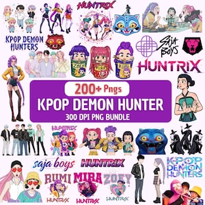 May include: A digital art bundle featuring various K-pop-themed illustrations. The image includes multiple character designs, logos, and text that reads "KPOP DEMON HUNTER" and "200+ Pngs". The color palette is vibrant, with shades of purple, pink, and blue.