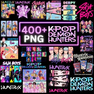 May include: A digital graphic collection with K-Pop illustrations and text elements. The images showcase character designs, logos, and the text "400+ PNG" and "K-Pop Demon Hunters". The design incorporates a vibrant colour scheme, with pink, purple, and blue highlights.