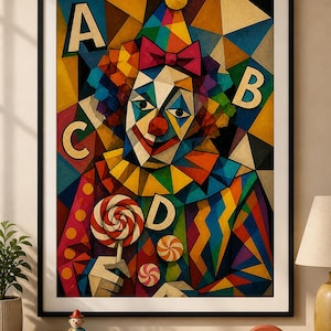 May include: A framed, colorful geometric art print of a clown holding a lollipop. The clown has a red nose, a bow tie, and a party hat. The letters A, B, C, and D are visible in the artwork. The artwork is in a black frame.