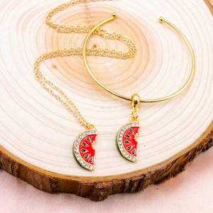 Watermelon Charm Palestine Necklace, 925  Gold Plated, Palestine Jewelry, Two chains of different lengths, Arabic Jewelry,Watermelon set