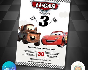 Editable Birthday Invitation template second birthday party Invite cars Printable Canva instant download Lightning McQueen mater